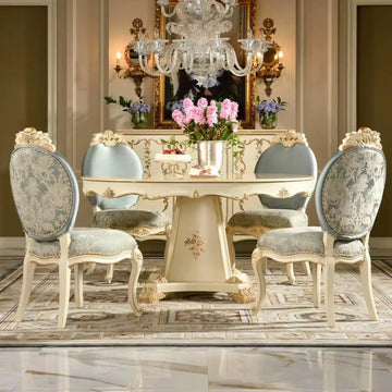Round Dining Table with French-Style Wood Chairs